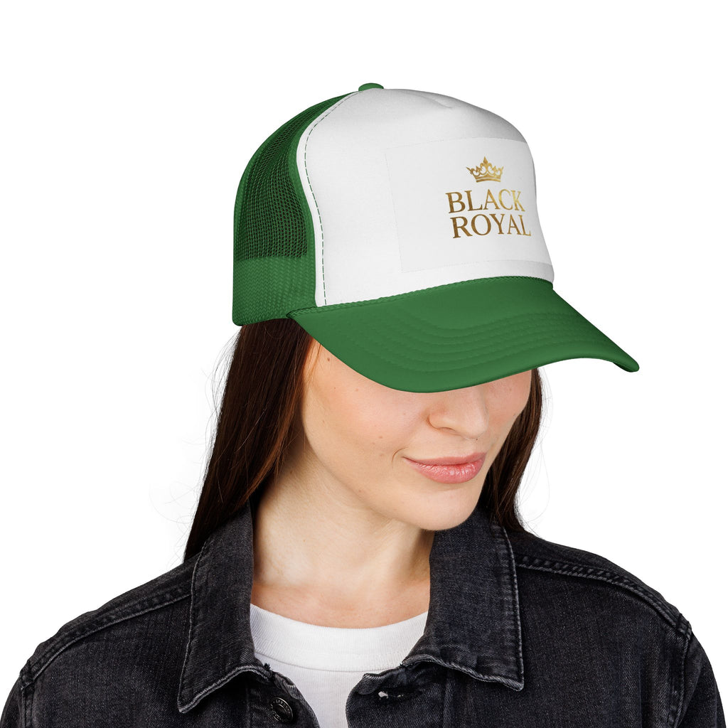 Black Royal Trucker Cap — Gold Crown Logo Mesh Hat
