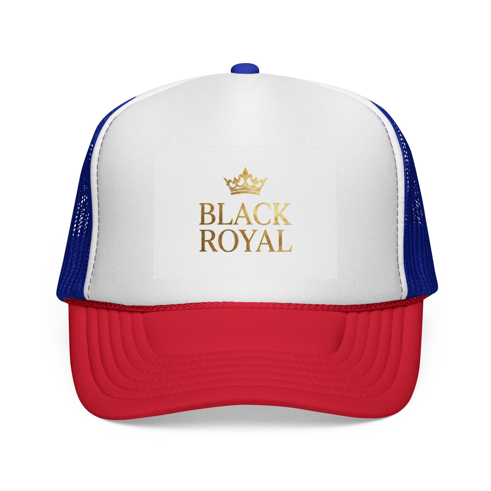 Black Royal Trucker Cap — Gold Crown Logo Mesh Hat
