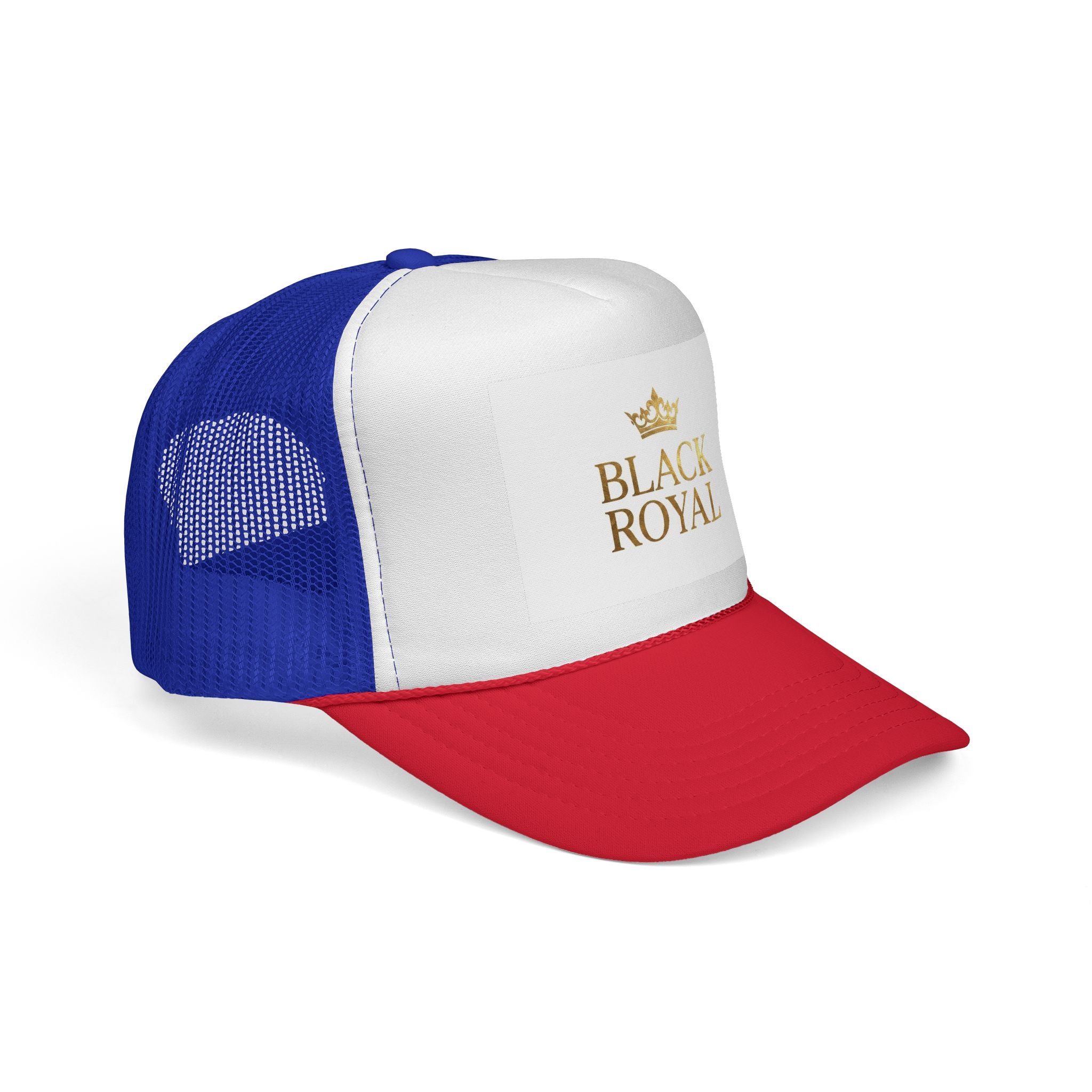 Black Royal Trucker Cap — Gold Crown Logo Mesh Hat