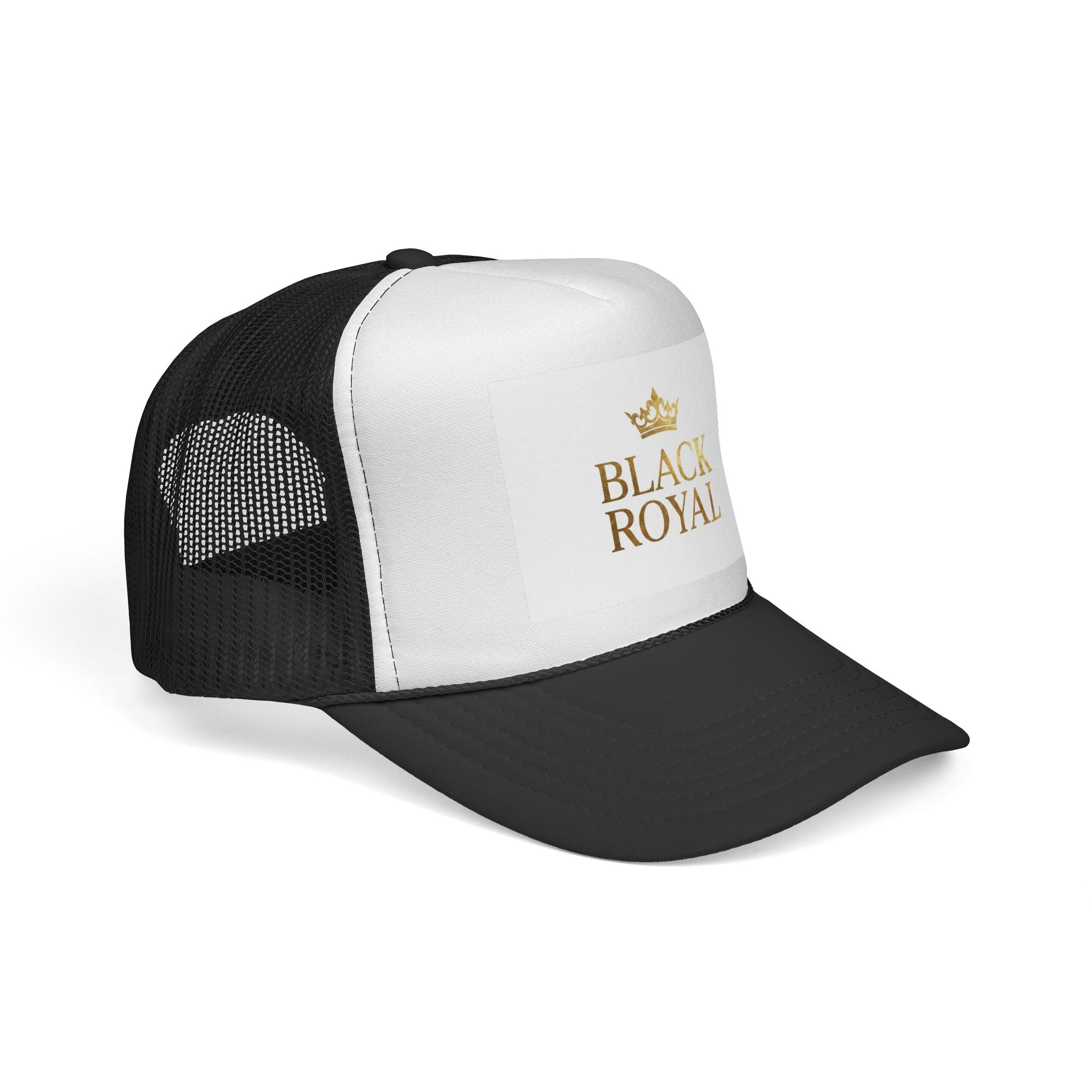 Black Royal Trucker Cap — Gold Crown Logo Mesh Hat