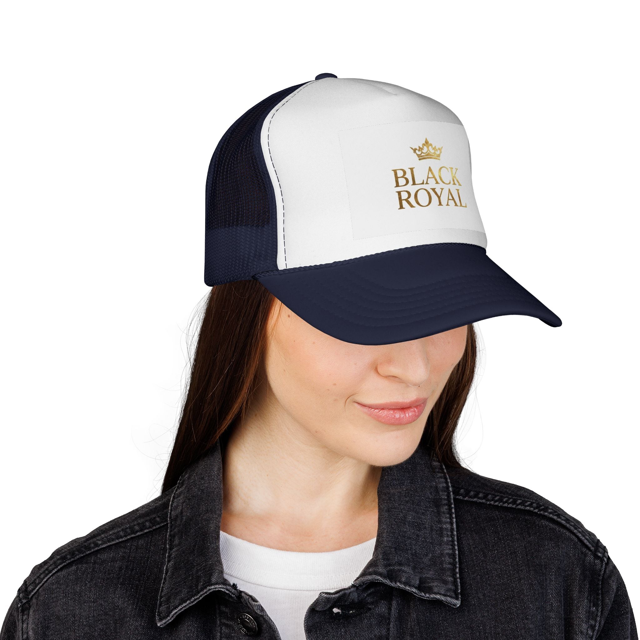 Black Royal Trucker Cap — Gold Crown Logo Mesh Hat
