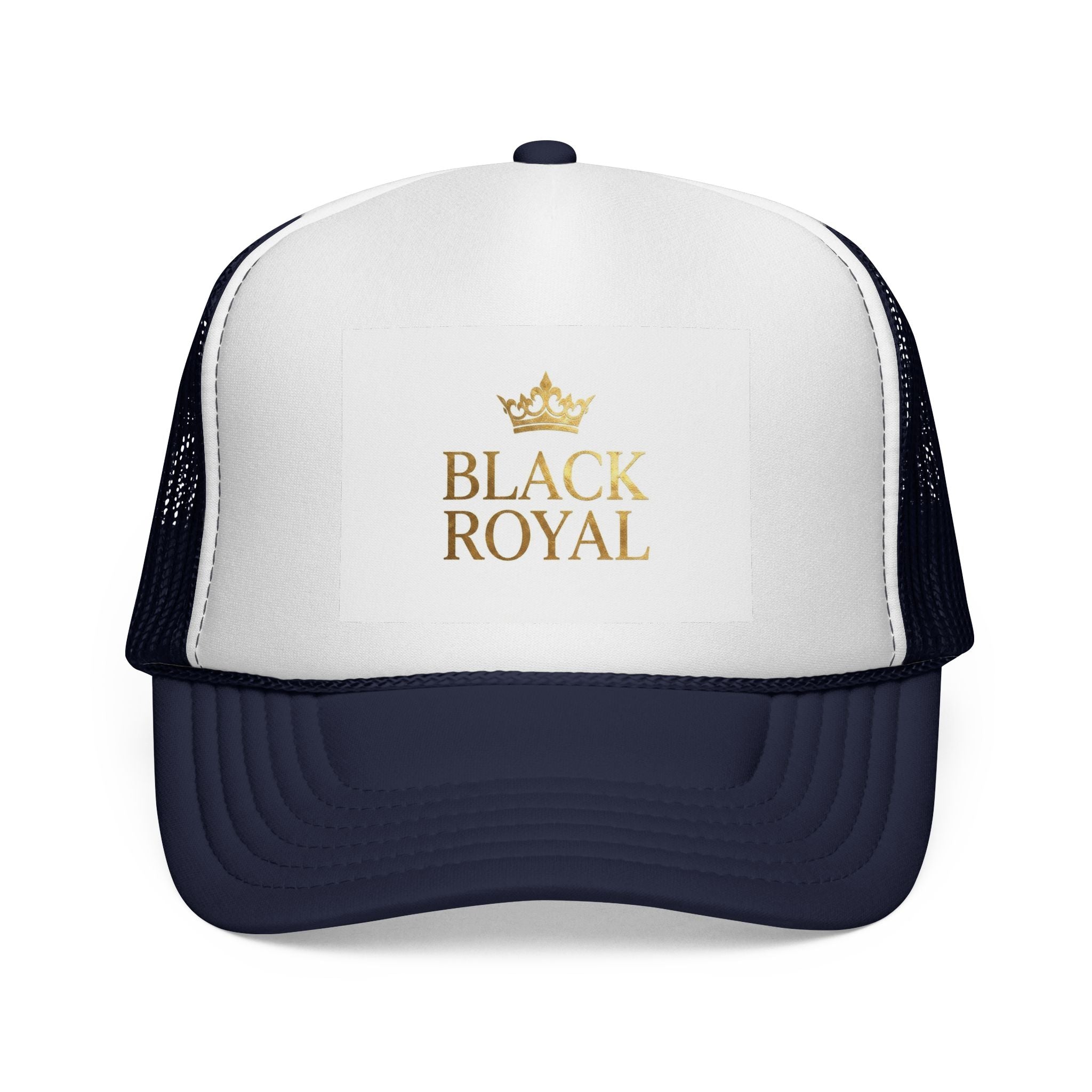 Black Royal Trucker Cap — Gold Crown Logo Mesh Hat