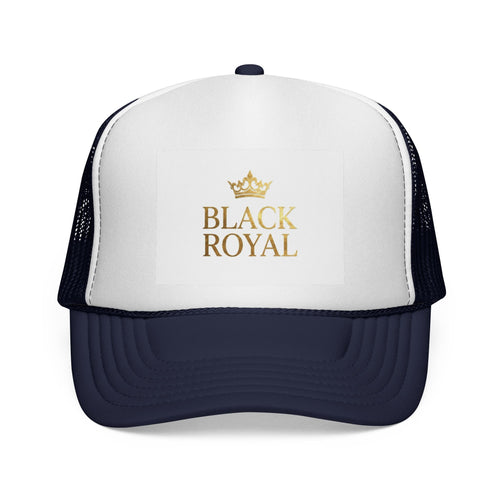 Black Royal Trucker Cap — Gold Crown Logo Mesh Hat
