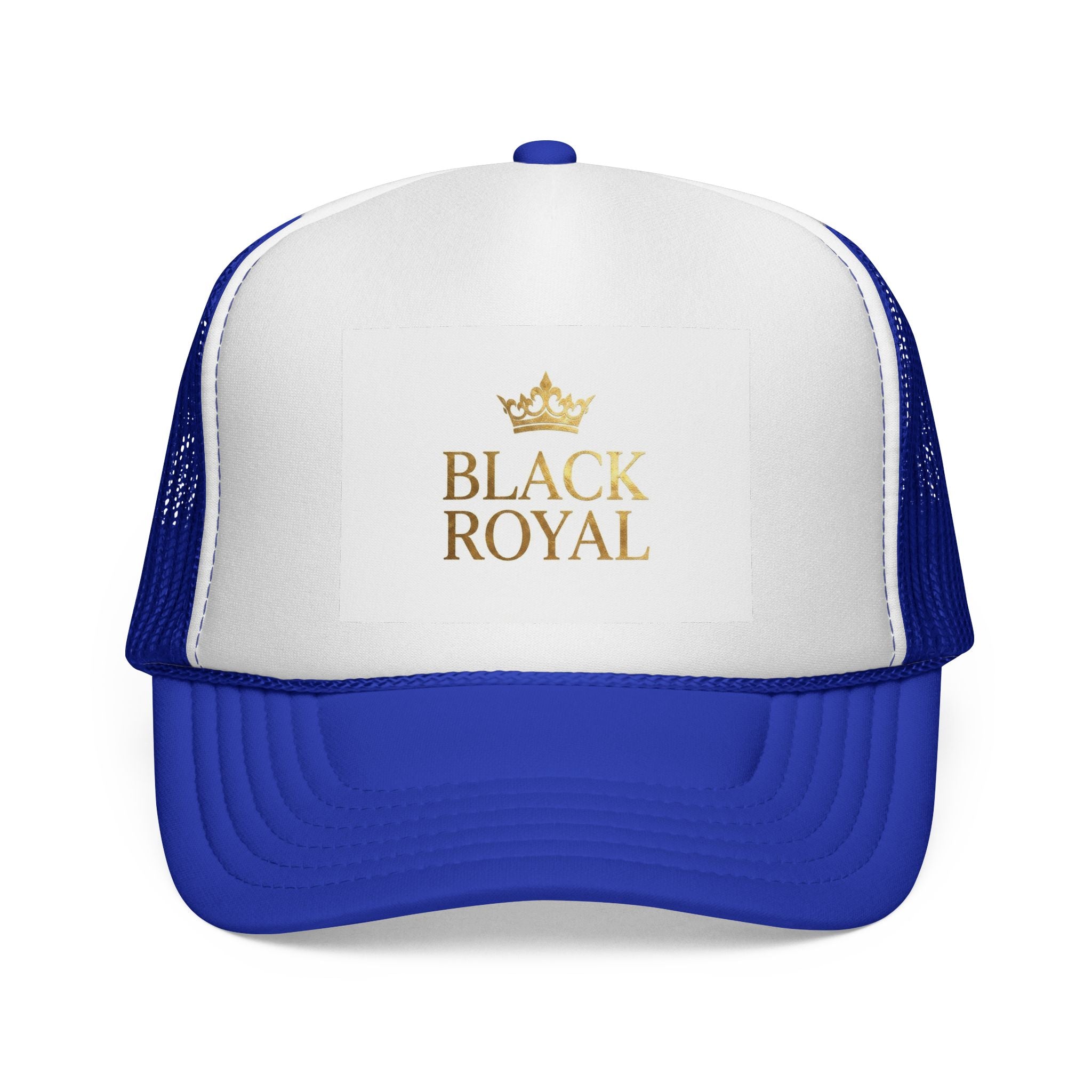 Black Royal Trucker Cap — Gold Crown Logo Mesh Hat
