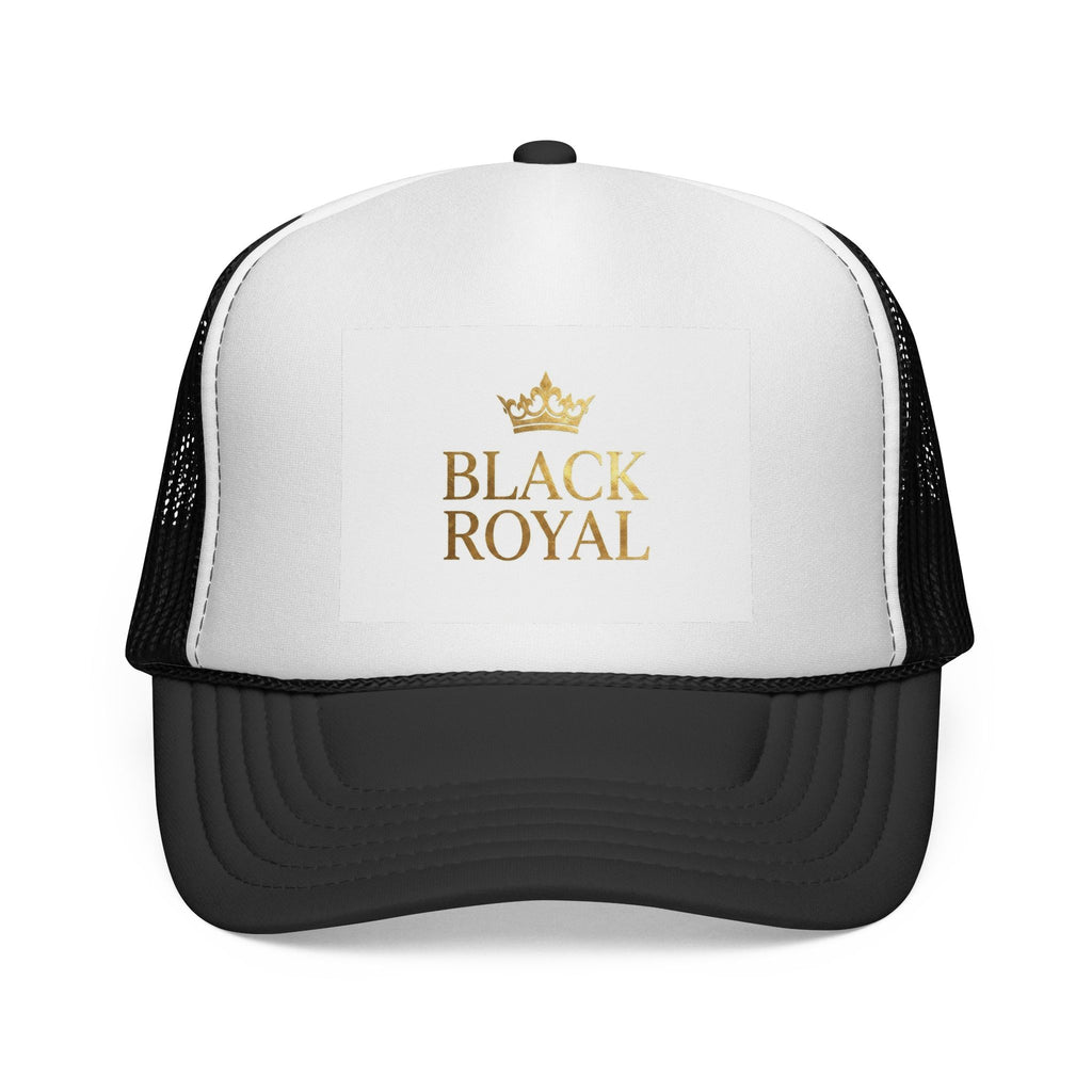 Black Royal Trucker Cap — Gold Crown Logo Mesh Hat