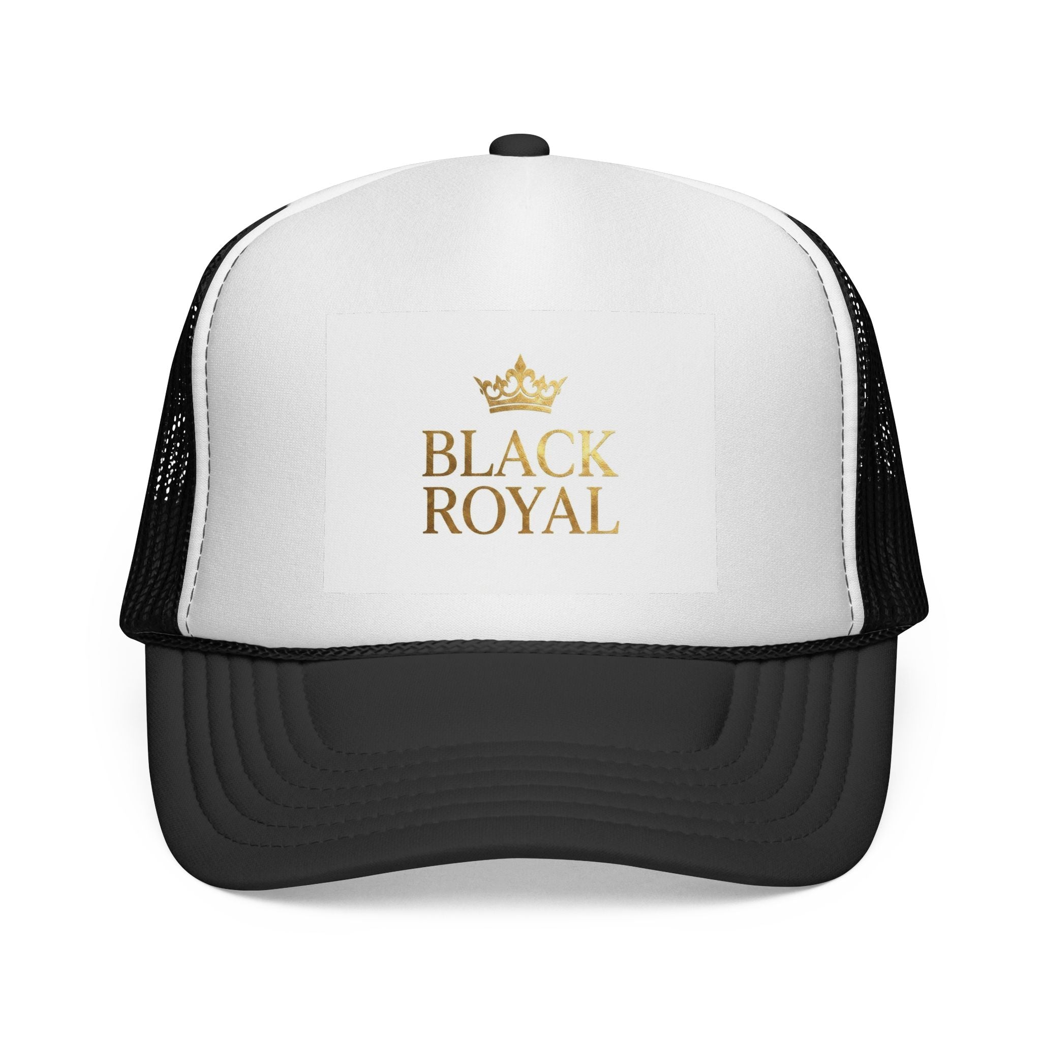 Black Royal Trucker Cap — Gold Crown Logo Mesh Hat