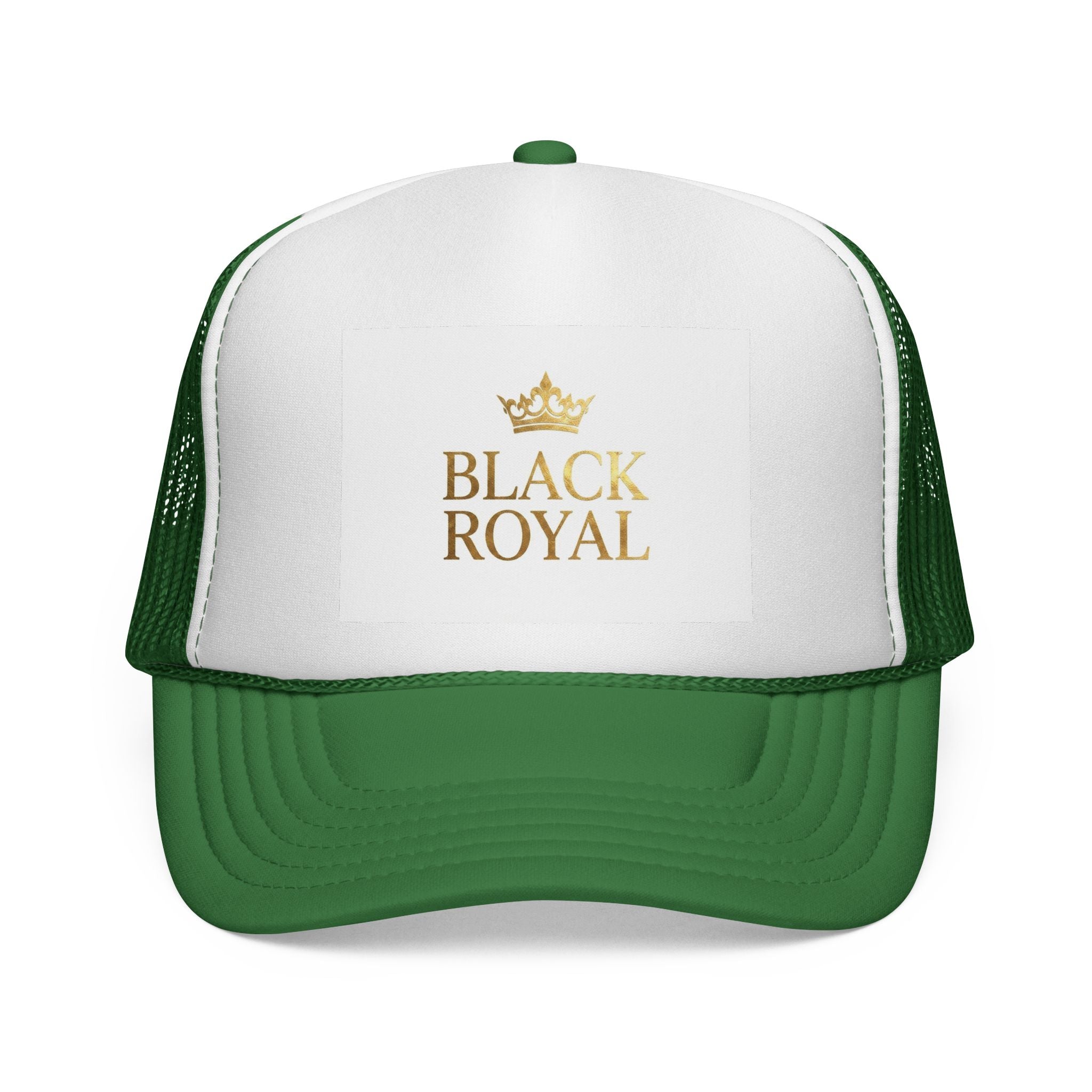 Black Royal Trucker Cap — Gold Crown Logo Mesh Hat