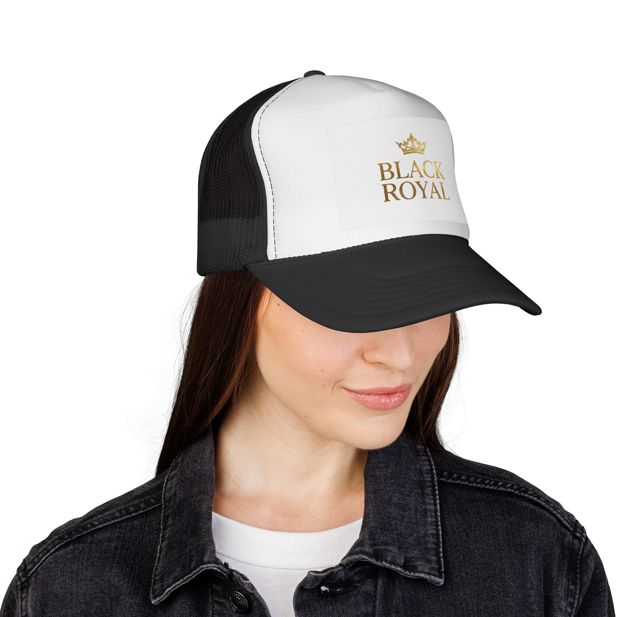Black Royal Trucker Cap — Gold Crown Logo Mesh Hat