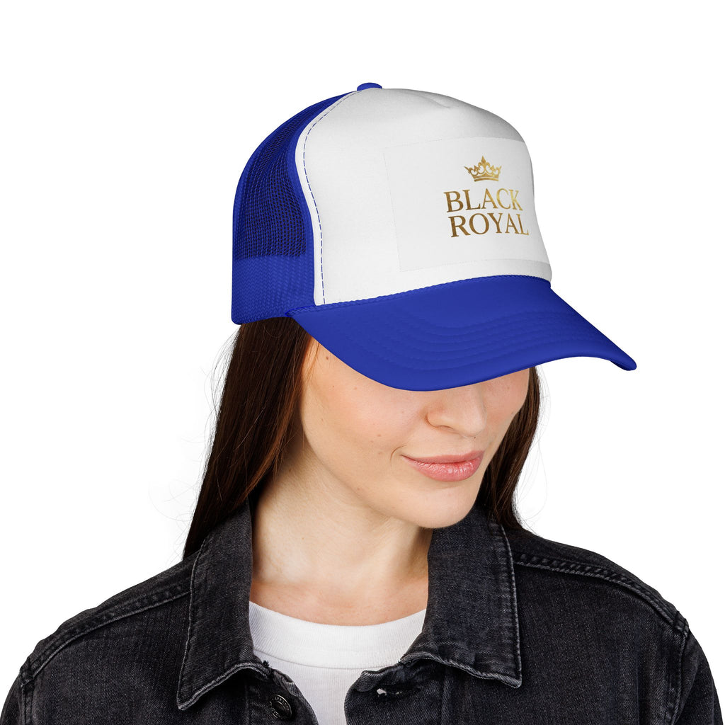 Black Royal Trucker Cap — Gold Crown Logo Mesh Hat