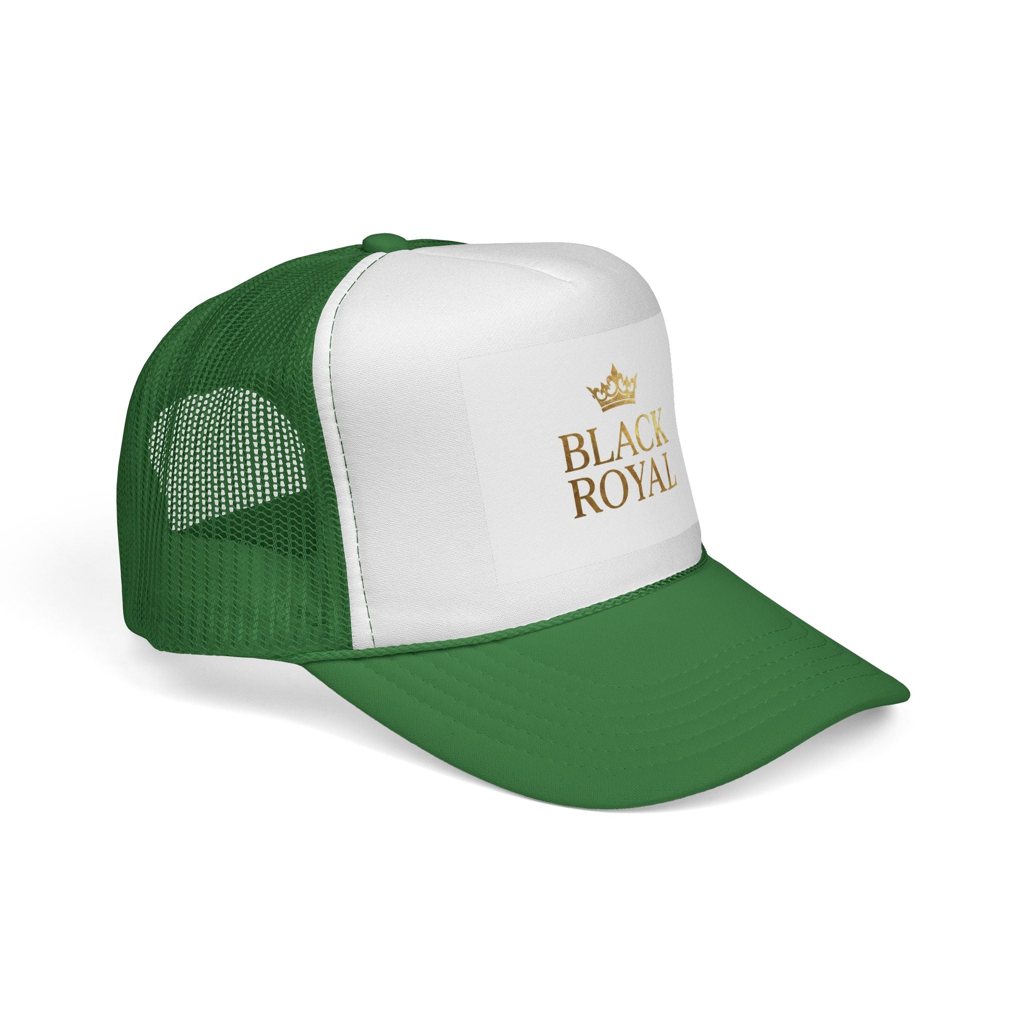Black Royal Trucker Cap — Gold Crown Logo Mesh Hat