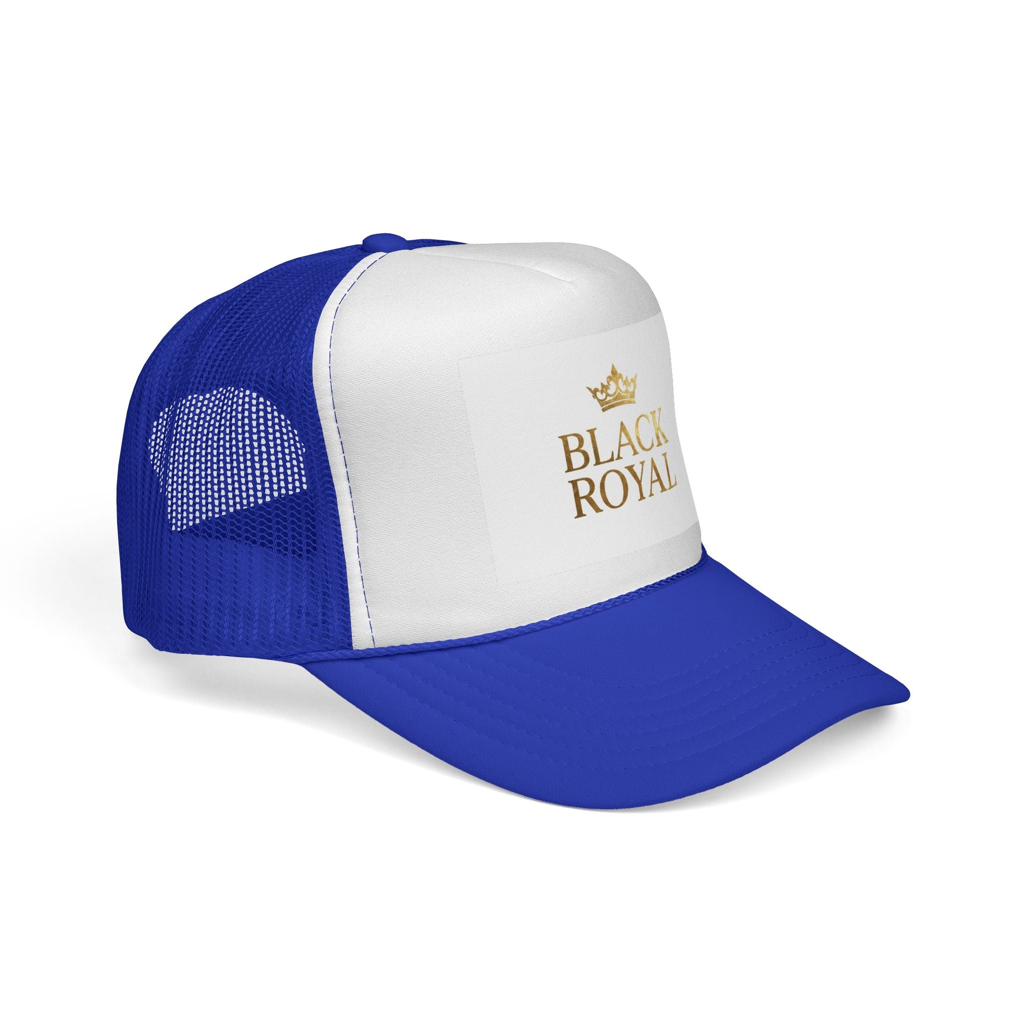 Black Royal Trucker Cap — Gold Crown Logo Mesh Hat