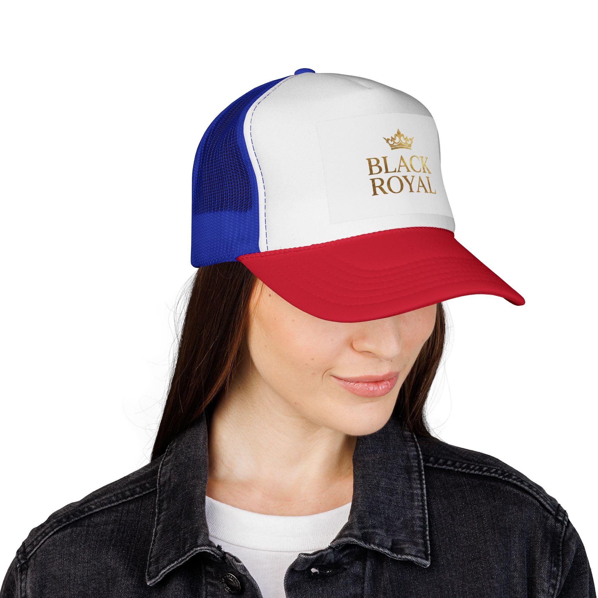 Black Royal Trucker Cap — Gold Crown Logo Mesh Hat